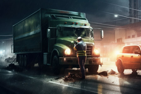 A tow truck operator removing a damaged vehicle from an accident scene, showing the importance of tow trucks in emergency situations. Generative AI.の素材