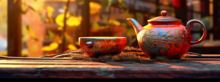Relax with hot tea on the rustic table banner. Generative Aiの素材