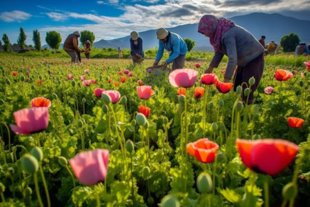 An image of farmers harvesting poppies for medicinal. Generative AIの素材