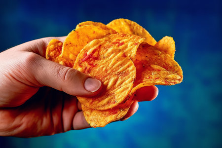 Hand holding a crisp, fresh chip, with vibrant colors and textures that emphasize its crunchy and savory qualities. Generative AIの素材
