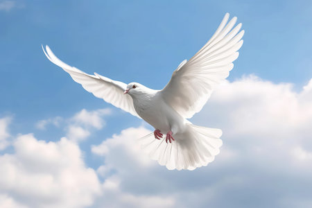 A white dove in flight against a blue sky with fluffy clouds. Generative AIの素材