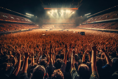 Wide-angle shot of a packed stadium during a concert with a sea of hands raised in the air. Generative Aiの素材