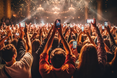 A group of people holding up their phones to capture the moment at a concert. Generative Aiの素材