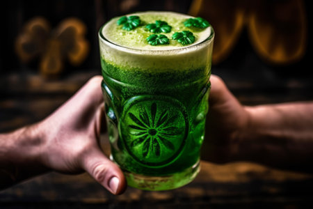 A close-up shot of a hand holding a pint of green beer with a four-leaf clover on the foam, against a rustic wooden background. Generative AIの素材