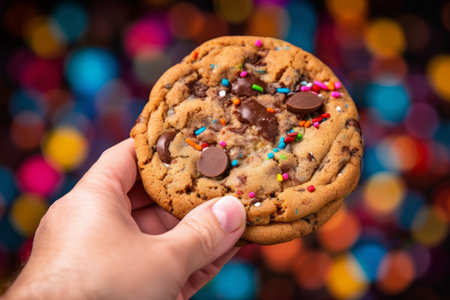 A hand holding a cookie in front of a colorful background, with crumbs and chocolate chips scattered around. Generative AIの素材