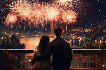 A couple holding hands and watching the fireworks display, with a romantic atmosphere and a patriotic theme. Generative AIの素材