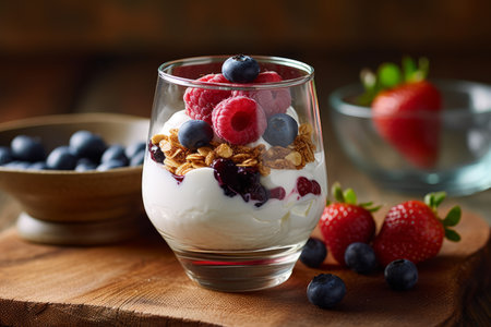 A clear glass cup filled with layers of yogurt, granola, and mixed berries, with a wooden spoon sticking out. Generative AIの素材