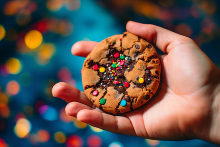 A hand holding a cookie in front of a colorful background, with crumbs and chocolate chips scattered around. Generative AIの素材