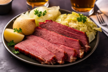 An overhead shot of a plate of traditional Irish corned beef and cabbage with a green beer in the background. Generative AIの素材