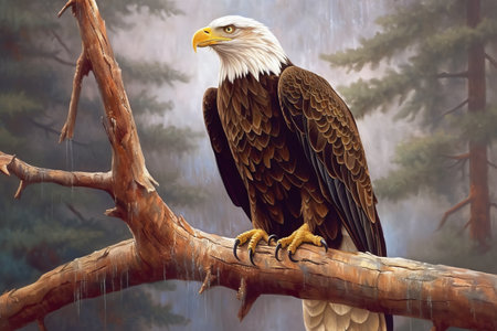 An American bald eagle perched on a branch with an American flag in the background, symbolizing freedom and strength. Generative Aiの素材