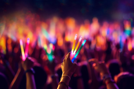 A close-up shot of hands holding glow sticks in the air at a rave party with a blurry crowd of people dancing in the background. Generative Aiの素材