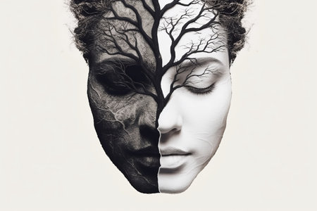 A surreal image of a face with half of it painted white and the other half painted black, with roots growing out of the bottom of the image and intertwining, Concept have the same roots. Generative AIの素材