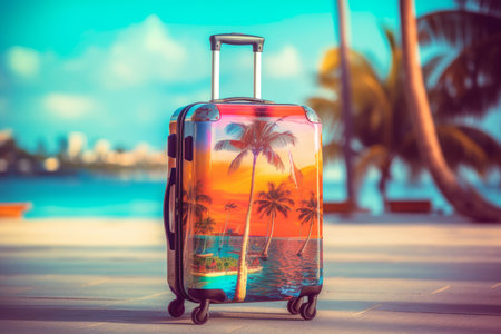 One travel suitcase ready for travel. Tropical beach with sunny sea and palm leafs in the background. Generative AIの素材