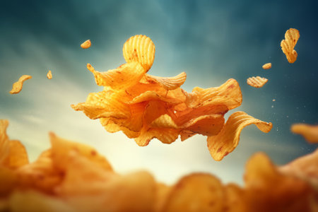 Flying and falling crispy wavy potato chips. Generative AIの素材