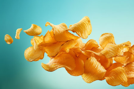 Flying and falling crispy wavy potato chips. Generative AIの素材