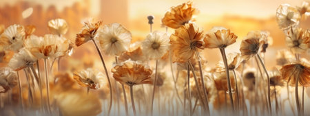 A banner featuring a close-up of a group of dried flowers, with a blurred, dreamlike background that creates a sense of otherworldliness. Generative AIの素材