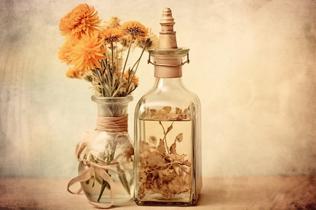 Single dried flower in a vintage bottle, with a soft, faded filter that adds a sense of nostalgia and romance. Generative AIの素材