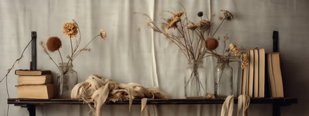 A banner featuring a single dried flower in a unique or unexpected setting, such as a desk, that adds interest and curiosity. Generative AIの素材