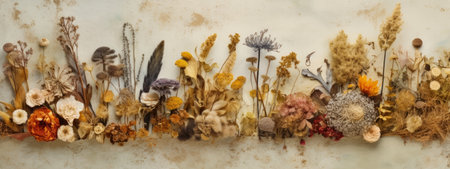 A banner featuring a collection of dried flowers arranged in a wild, organic manner, with a blurred background that gives the impression of being surrounded by nature. Generative AIの素材