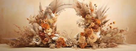 A banner featuring a collection of dried flowers arranged in a wreath or bouquet, with warm tones and soft lighting that create a cozy and inviting atmosphere. Generative Aiの素材
