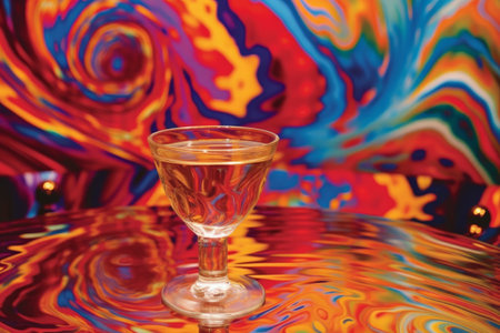 A hypnotic spiral patterned wallpaper with a glass of liquid in front of it that appears to be swirling and morphing into various psychedelic shapes and colors. Generative AIの素材