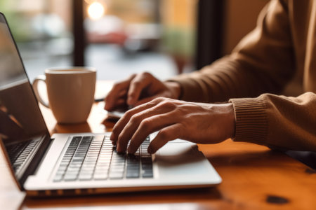 A man is sitting at a desk, typing on a laptop that has a check mark on it. Coffee cup on the desk next to the laptop. Generative AIの素材
