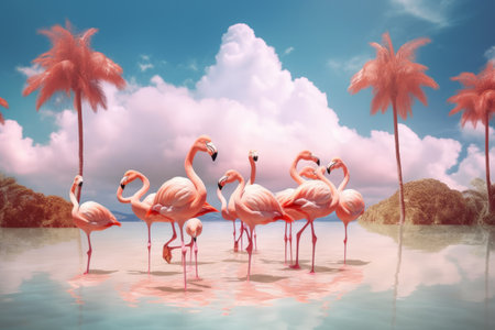 A surreal image of a group of flamingos enjoying a summer day at the beach, surrounded by pink flamingo-shaped clouds and palm trees. Generative AIの素材