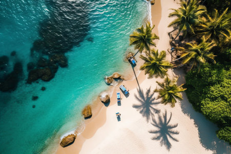 Aerial shot of a secluded tropical beach with crystal clear water, palm trees, and a couple of beach chairs. Perfect for advertising a luxurious vacation destination. Generative AIの素材