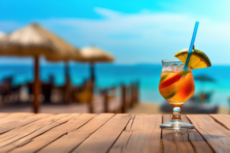 Tropical drink with a colorful umbrella and a straw, placed on a wooden table with a stunning beach view in the background. Great for promoting tropical cocktails or beach bars Generative AIの素材
