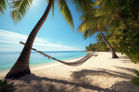 A panorama shot of a tropical beach with a hammock swaying in the breeze, inviting viewers to relax and unwind. Perfect for promoting tranquil beach resorts. Generative AIの素材