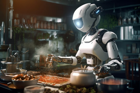A robot chef , cooking in a kitchen and showcasing culinary skills. Generative AIの素材