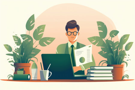 An image of a person sitting at a desk, surrounded by tax documents and a calculator, with a small plant in the background. Generative AIの素材