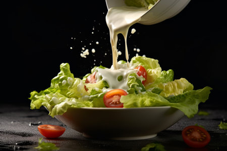 A dynamic image capturing the process of tossing an iceberg salad in a bowl. The motion of the salad ingredients creates a sense of energy and freshness. Generative AIの素材