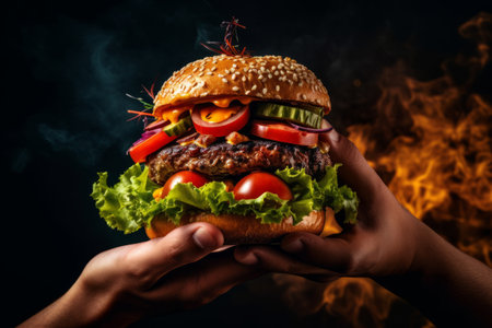 A dynamic shot of a hand holding a Portobello mushroom burger, with ingredients falling gracefully from above, highlighting the burger's flavorful and appetizing nature. Generative AIの素材