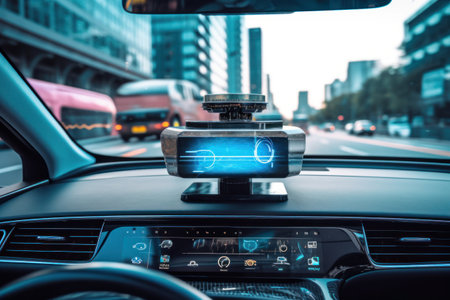 Shot of the self-driving car's sensors and cameras, highlighting the advanced technology that enables autonomous driving. Concept precision and accuracy in self-driving car technology. Generative AIの素材