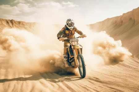 Off-Road Motorbike in dust cloud with sand cloud on background. Biker riders in action. Generative AIの素材