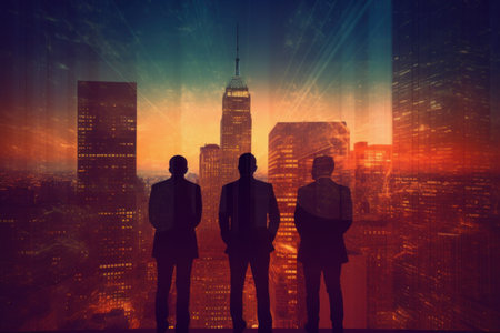 Silhouettes of three business people working and researching the analytics to predict stock market behaviour. Double exposure. Generative AIの素材