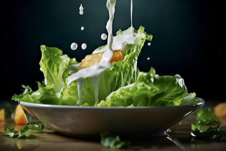 A dynamic image capturing the process of tossing an iceberg salad in a bowl. The motion of the salad ingredients creates a sense of energy and freshness. Generative AIの素材