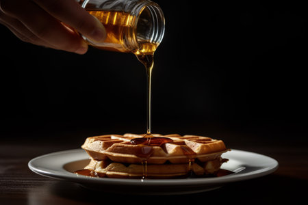 A dynamic shot of a hand pouring maple syrup over a perfectly cooked waffle, capturing the moment when the syrup cascades down the edges, creating a mouthwatering visual. Generative AIの素材