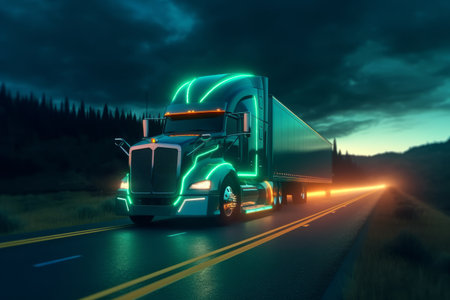 A self-driving truck depicted as a guardian of the road, with a majestic presence and a glowing aura. The image represents the power and reliability of autonomous trucking technology. Generative AIの素材