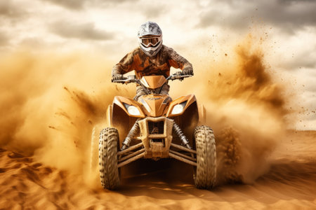 ATV quad bike in dust cloud with desert on background. Biker riders in action. Generative AIの素材