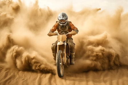 Off-Road Motorbike in dust cloud with sand cloud on background. Biker riders in action. Generative AIの素材