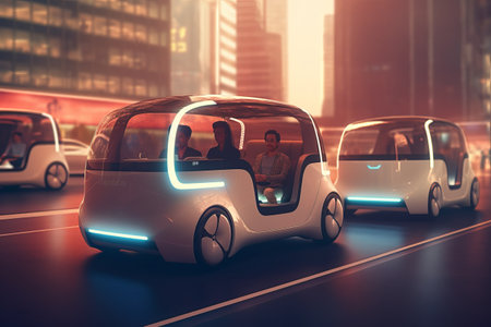 Futuristic self-driving van moving on a highway in a Modern City with Skyscrapers. Beautiful Female and Senior Man are Having a Conversation in a Driverless Autonomous Vehicle. Generative AIの素材