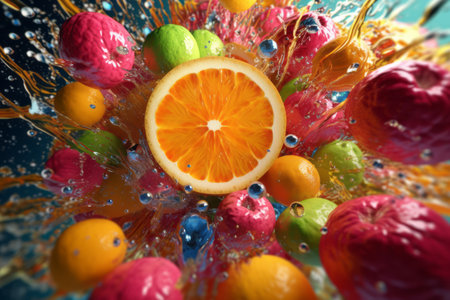 An artistic image of fruit slices suspended in mid-air, surrounded by swirling streams of colorful fruit juice, creating a captivating and dynamic composition. Generative AIの素材