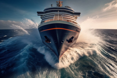 A dynamic image of the bow of a cruise ship cutting through waves, capturing the power and motion of the ship as it plows through the sea. Generative Aiの素材