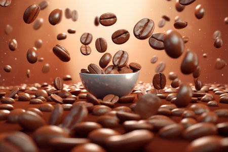 Image of coffee beans floating in mid-air. The coffee beans are shown in a variety of shapes and sizes, creating an otherworldly and fantastical atmosphere. Generative AIの素材