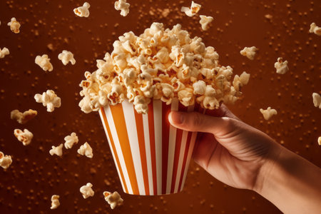 An image featuring hands holding a popcorn box, with popcorn kernels spilling out of the box. Concept irresistible nature of popcorn. Generative AIの素材