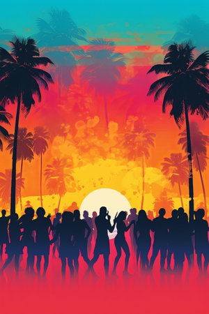 An abstract poster , vector illustration of a sunset with a gradient sky, palm trees, and silhouettes of people dancing, reminiscent of 80s beach parties. Generative AIの素材