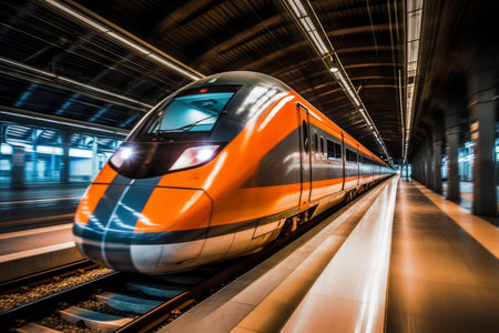 High speed train driving along the rails through a train station tunnel at night. Motion blur image. Generative Aiの素材