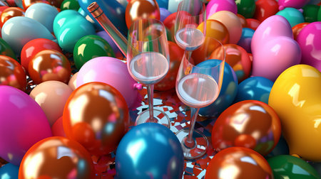 Some colorful balloons and champagne glasses. Concept Christmas and New Year holidays background. Generative AIの素材